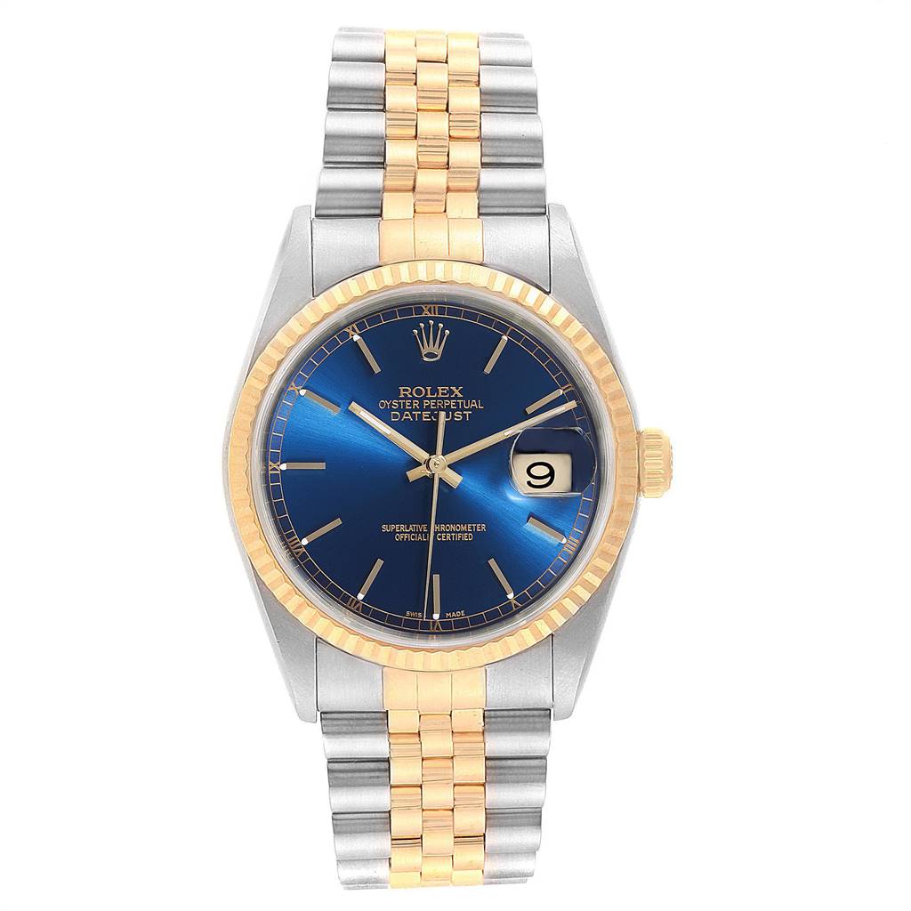 The image shows a Rolex Datejust 16233 Men's Steel and Gold (two tone) Blue Dial 16233 Men's Steel and Gold (two tone) Blue Dial watch from a straight-on angle, featuring the dial, bezel, and bracelet.