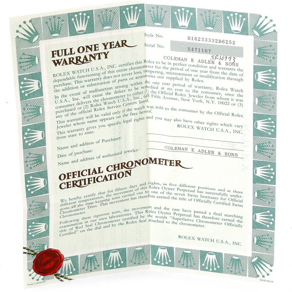 The image shows a full one-year warranty document and chronometer certification for the Rolex Datejust 16233 Men
s Steel and Gold (two tone) Black Dial 16233 Men
s Steel and Gold (two tone) Black Dial model.