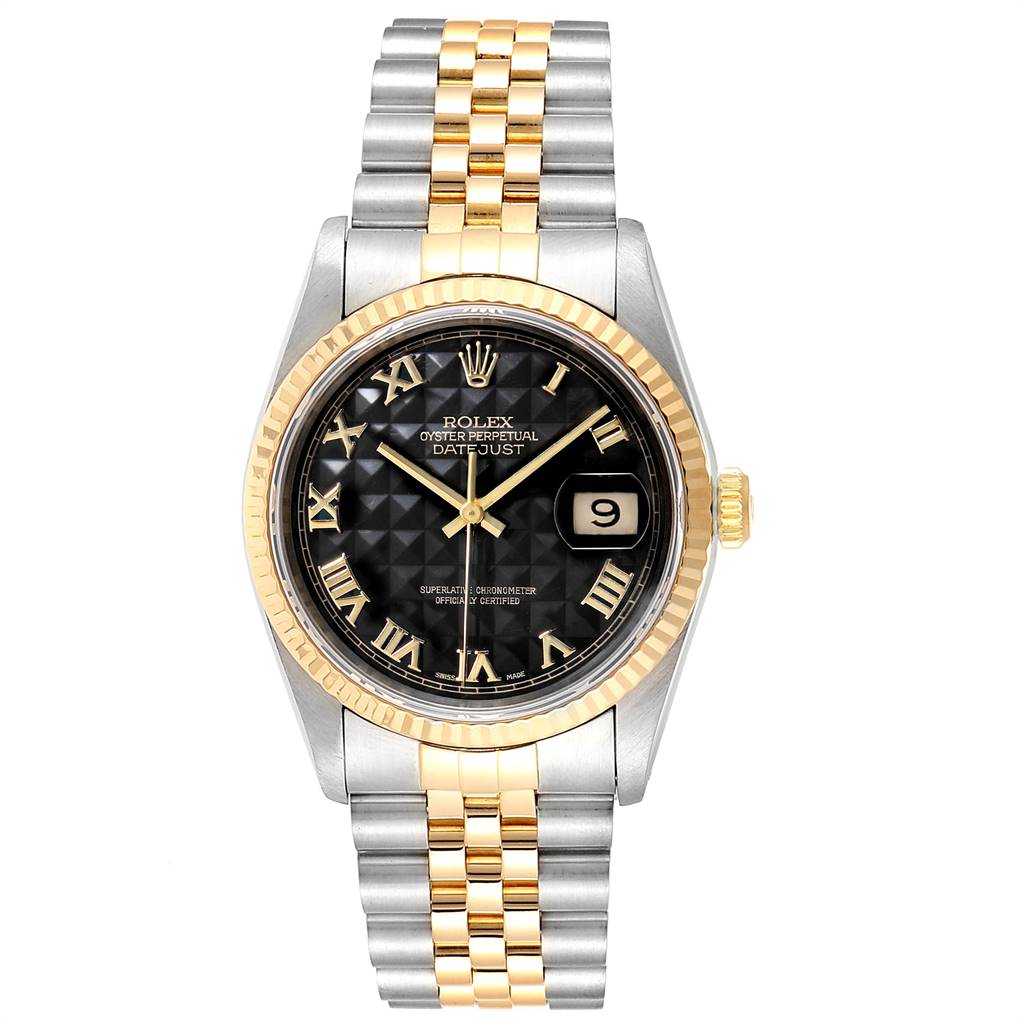 This image shows a Rolex Datejust 16233 Men
s Steel and Gold (two tone) Black Dial 16233 Men
s Steel and Gold (two tone) Black Dial watch with a black dial, gold and silver jubilee bracelet, and gold fluted bezel, viewed from the front.