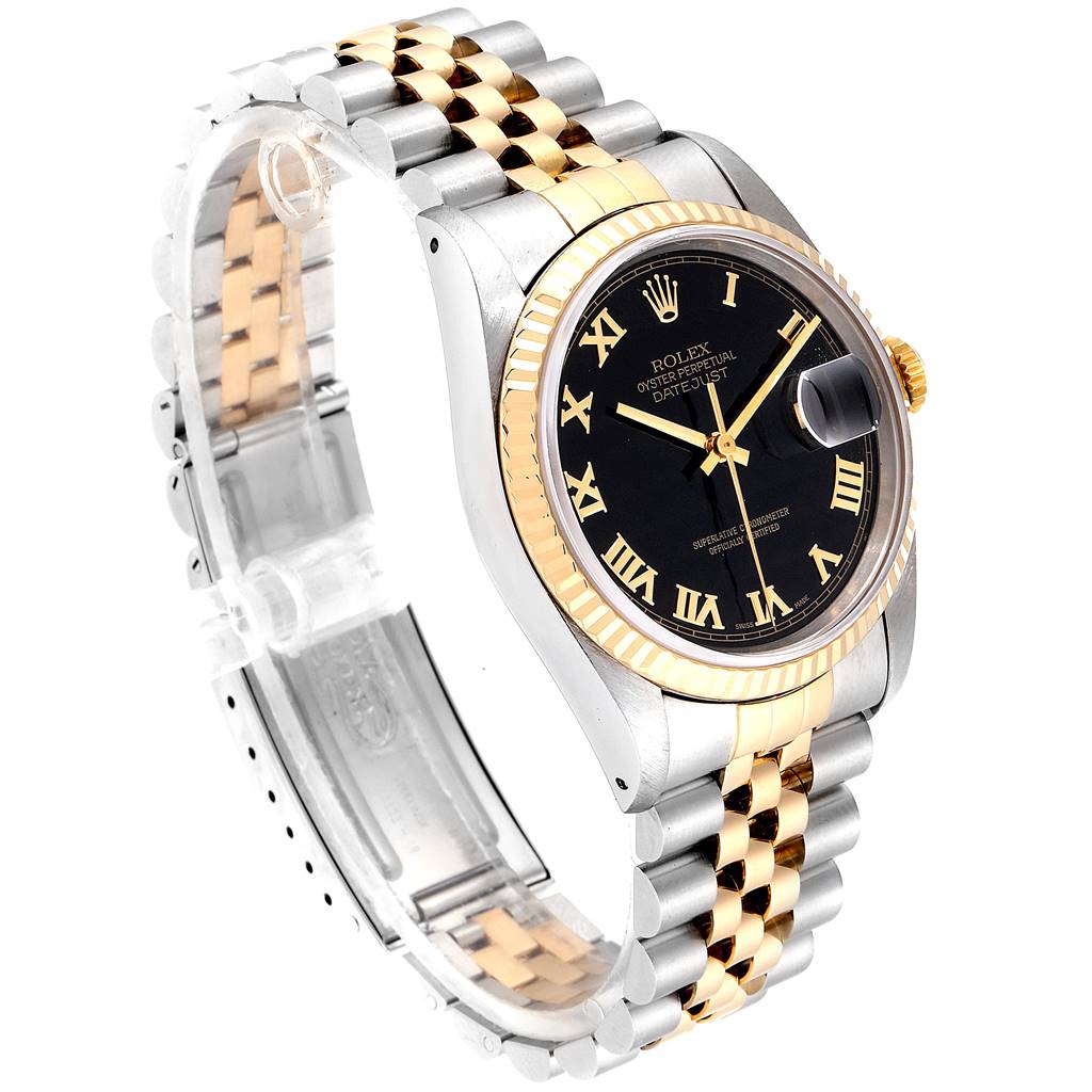 This image shows a Rolex Datejust 16233 Men
s Steel and Gold (two tone) Black Dial 16233 Men
s Steel and Gold (two tone) Black Dial watch at a slight angle, highlighting the two-tone bracelet, black dial, and fluted bezel.