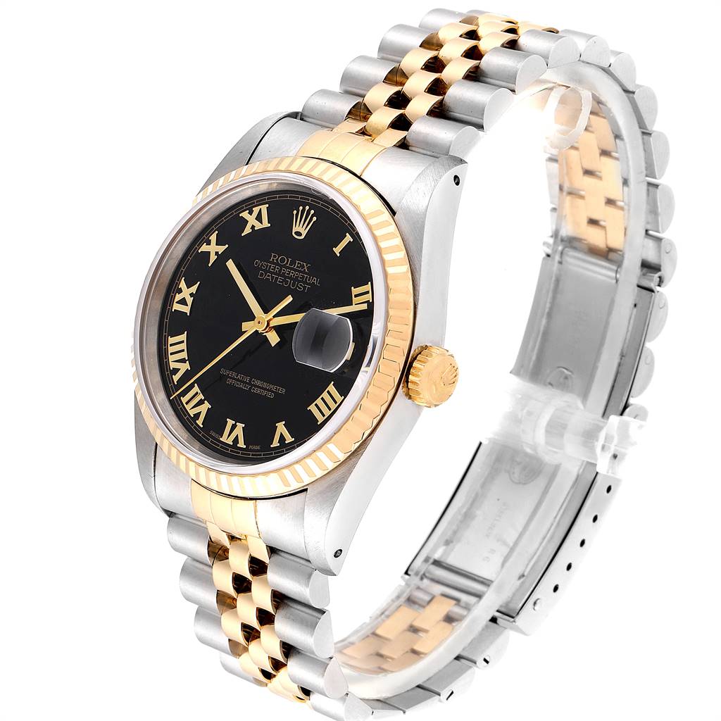 The image shows a Rolex Datejust 16233 Men
s Steel and Gold (two tone) Black Dial 16233 Men
s Steel and Gold (two tone) Black Dial watch at a three-quarter angle, displaying the watch face, bezel, crown, and Jubilee bracelet.