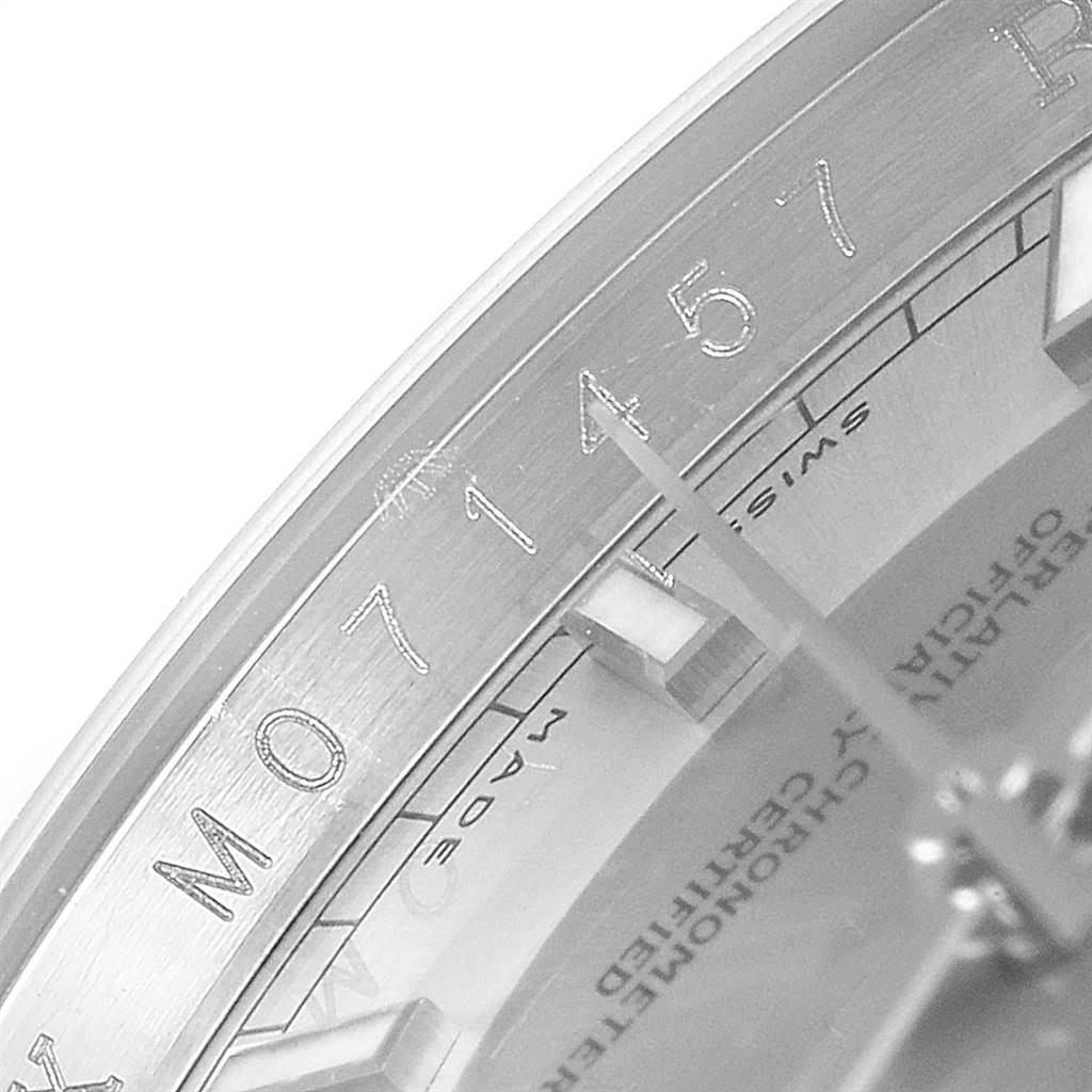 This close-up shows the dial and bezel of a Rolex Datejust 116234 Men's Stainless Steel Silver Dial 116234 Men's Stainless Steel Silver Dial watch, focusing on the hour markers and text elements.