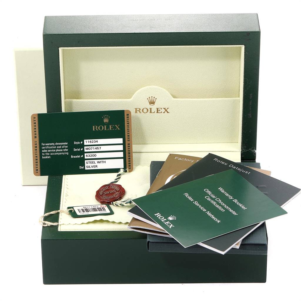 The image depicts a Rolex Datejust 116234 Men's Stainless Steel Silver Dial 116234 Men's Stainless Steel Silver Dial watch box, warranty card, manuals, and tags displayed from a front angle.