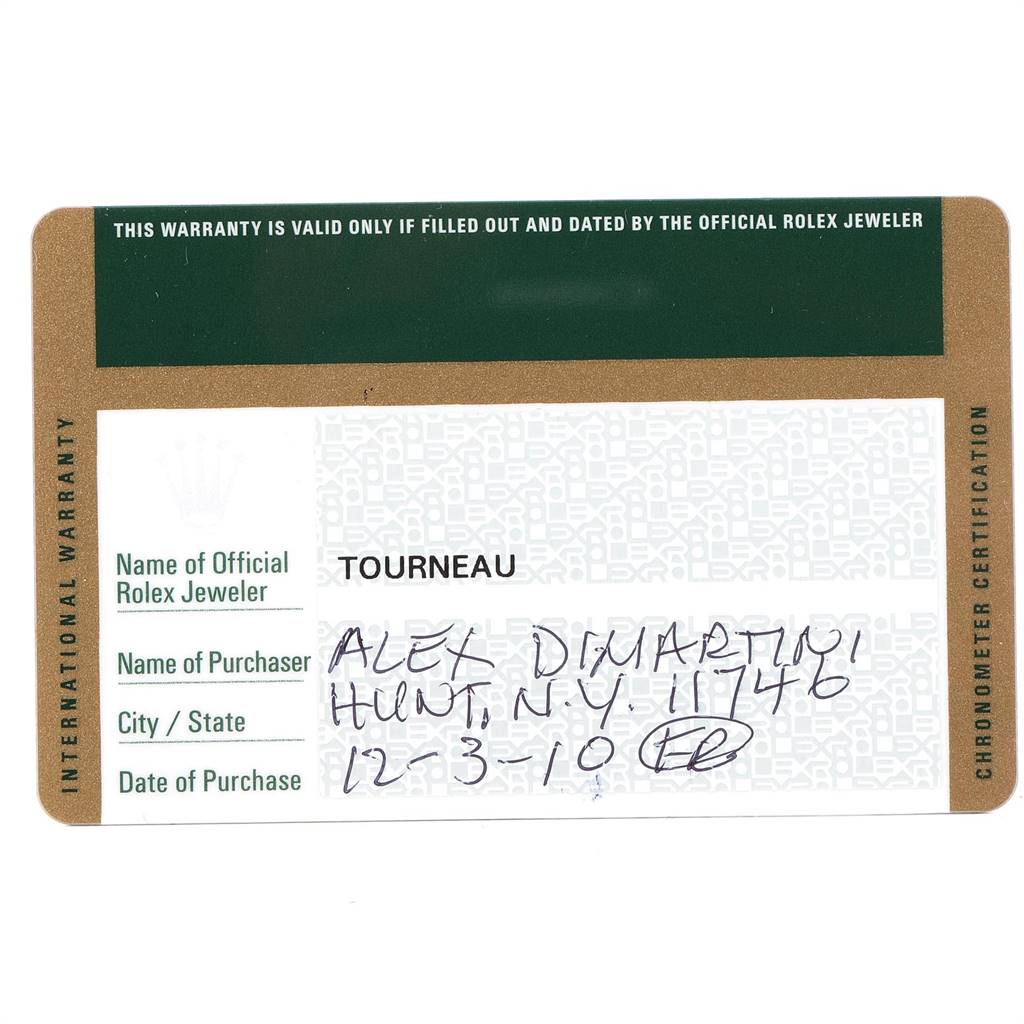 This image shows the warranty card for a Rolex Datejust 116234 Men's Stainless Steel Silver Dial 116234 Men's Stainless Steel Silver Dial watch.