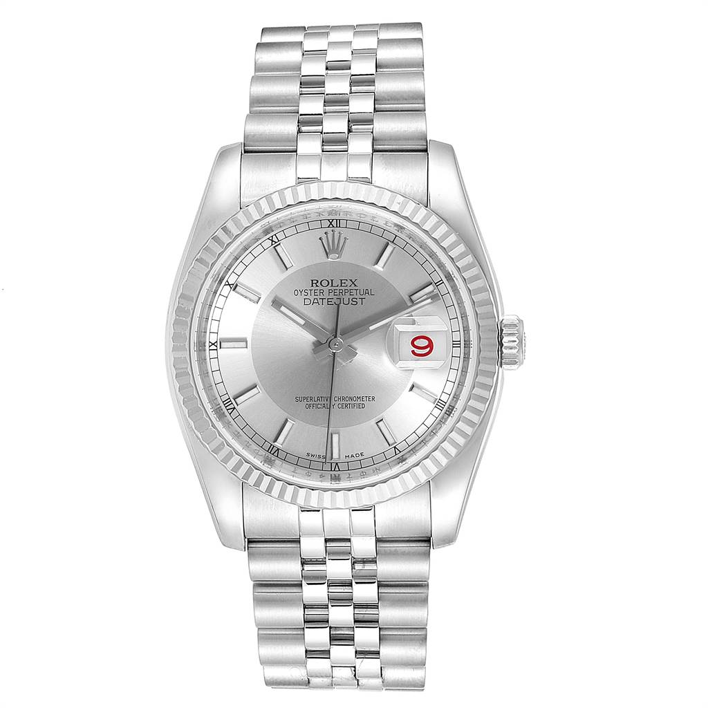 This is a Rolex Datejust 116234 Men's Stainless Steel Silver Dial 116234 Men's Stainless Steel Silver Dial watch shown from a front angle, displaying the dial, bracelet, and date function.