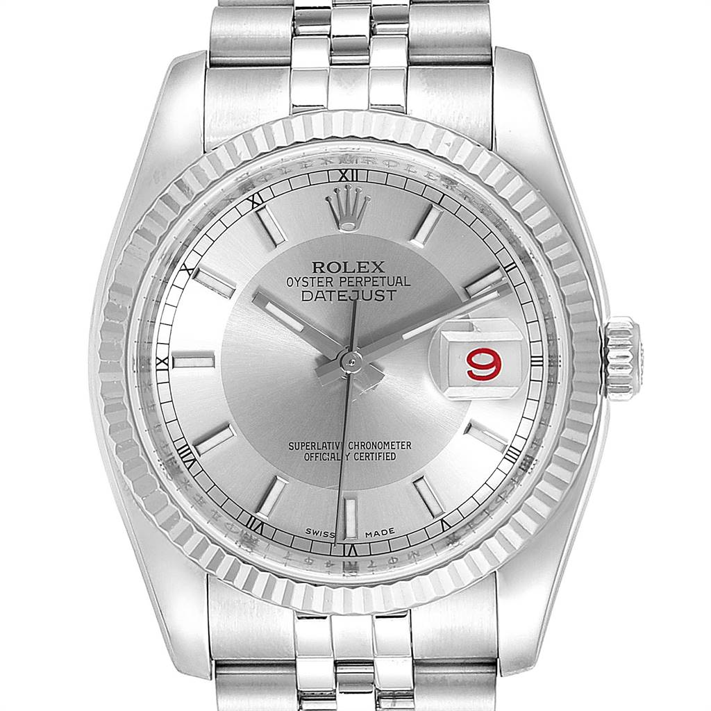 This is a front-view image of the Rolex Datejust 116234 Men's Stainless Steel Silver Dial 116234 Men's Stainless Steel Silver Dial watch showing the dial, bezel, crown, and part of the bracelet.
