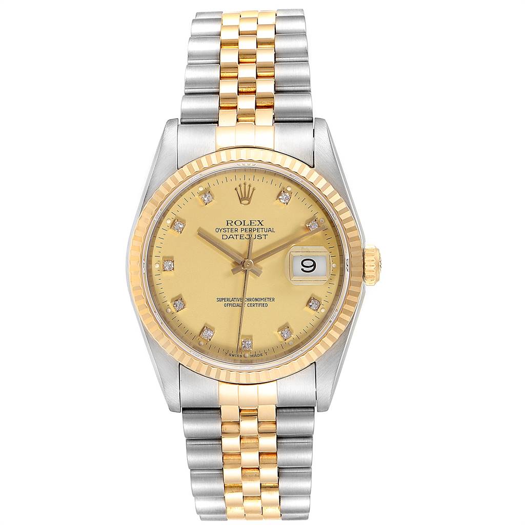 This image shows a Rolex Datejust 16233 Men's Steel and Gold (two tone) Champagne Dial 16233 Men's Steel and Gold (two tone) Champagne Dial watch from a frontal angle, displaying the dial, case, and bracelet.