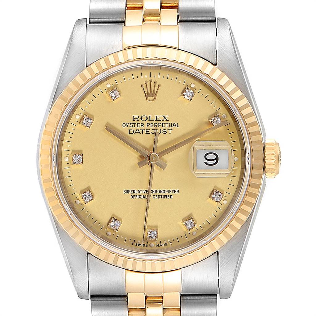 This image shows a frontal view of a Rolex Datejust 16233 Men's Steel and Gold (two tone) Champagne Dial 16233 Men's Steel and Gold (two tone) Champagne Dial watch, featuring a gold dial, bezel, and two-tone bracelet.