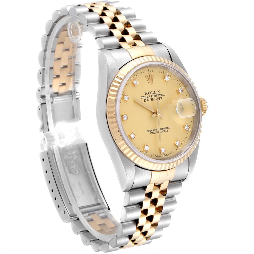 This image shows the front and side view of a Rolex Datejust 16233 Men's Steel and Gold (two tone) Champagne Dial 16233 Men's Steel and Gold (two tone) Champagne Dial watch with a two-tone metal bracelet and gold dial.