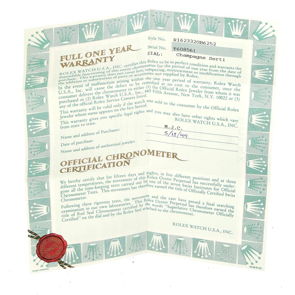 The image shows a folded warranty card for a Rolex Datejust 16233 Men's Steel and Gold (two tone) Champagne Dial 16233 Men's Steel and Gold (two tone) Champagne Dial watch, detailing the serial number, style number, and official certification.