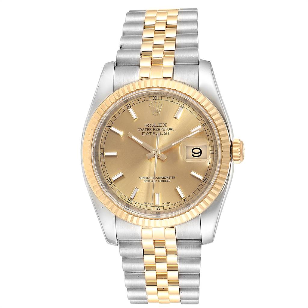 This image shows a front view of a Rolex Datejust 116233 Men's Stainless Steel Champagne Dial 116233 Men's Stainless Steel Champagne Dial watch featuring a two-tone bracelet, gold dial, and fluted bezel.