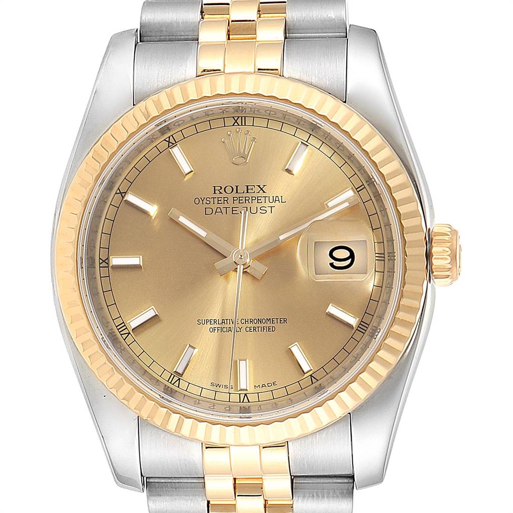 The image shows a front view of a Rolex Datejust 116233 Men's Stainless Steel Champagne Dial 116233 Men's Stainless Steel Champagne Dial watch, highlighting its dial, bezel, crown, and part of the bracelet.