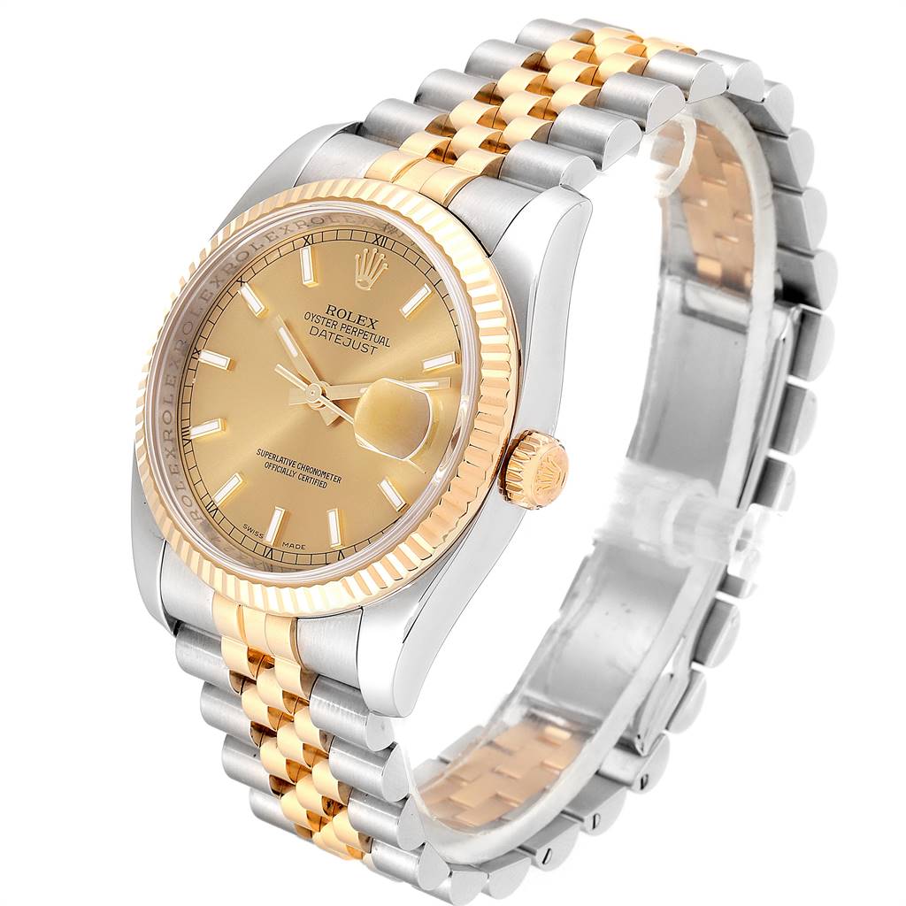 The image shows a Rolex Datejust 116233 Men's Stainless Steel Champagne Dial 116233 Men's Stainless Steel Champagne Dial watch at an angle displaying the face, bezel, crown, and a portion of the two-tone bracelet.