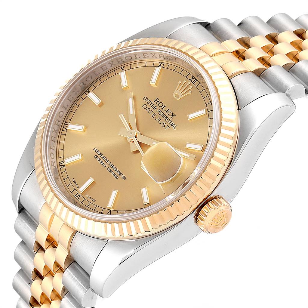 The image shows a Rolex Datejust 116233 Men's Stainless Steel Champagne Dial 116233 Men's Stainless Steel Champagne Dial watch at an angle highlighting the dial, bezel, crown, and part of the bracelet.