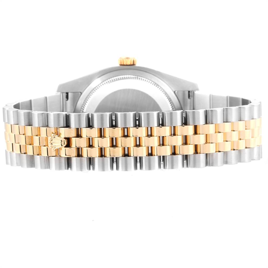 This image shows the back of the Rolex Datejust 116233 Men's Stainless Steel Champagne Dial 116233 Men's Stainless Steel Champagne Dial watch, focusing on its jubilee bracelet and clasp.