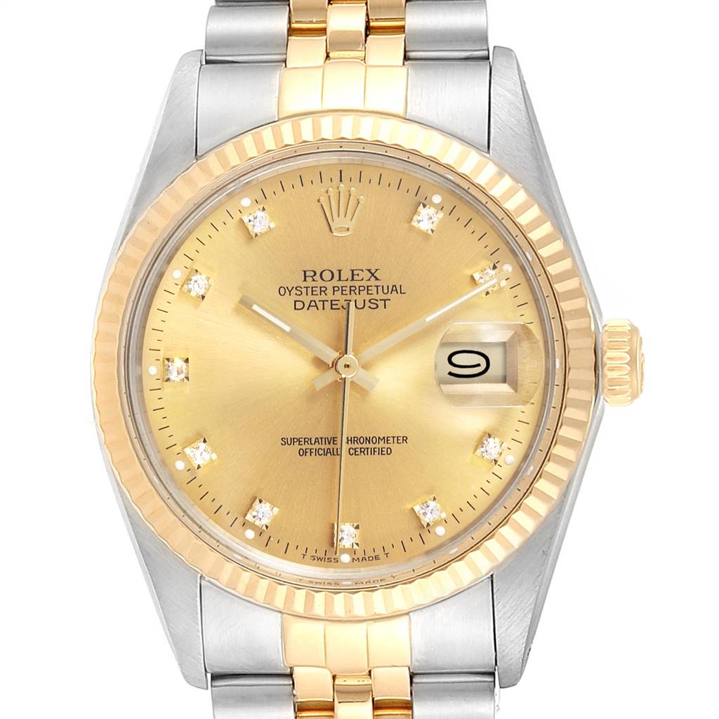 The image shows a front view of the Rolex Datejust 16013 Men's Stainless Steel Champagne Dial 16013 Men's Stainless Steel Champagne Dial watch, highlighting the dial, bezel, and bracelet.