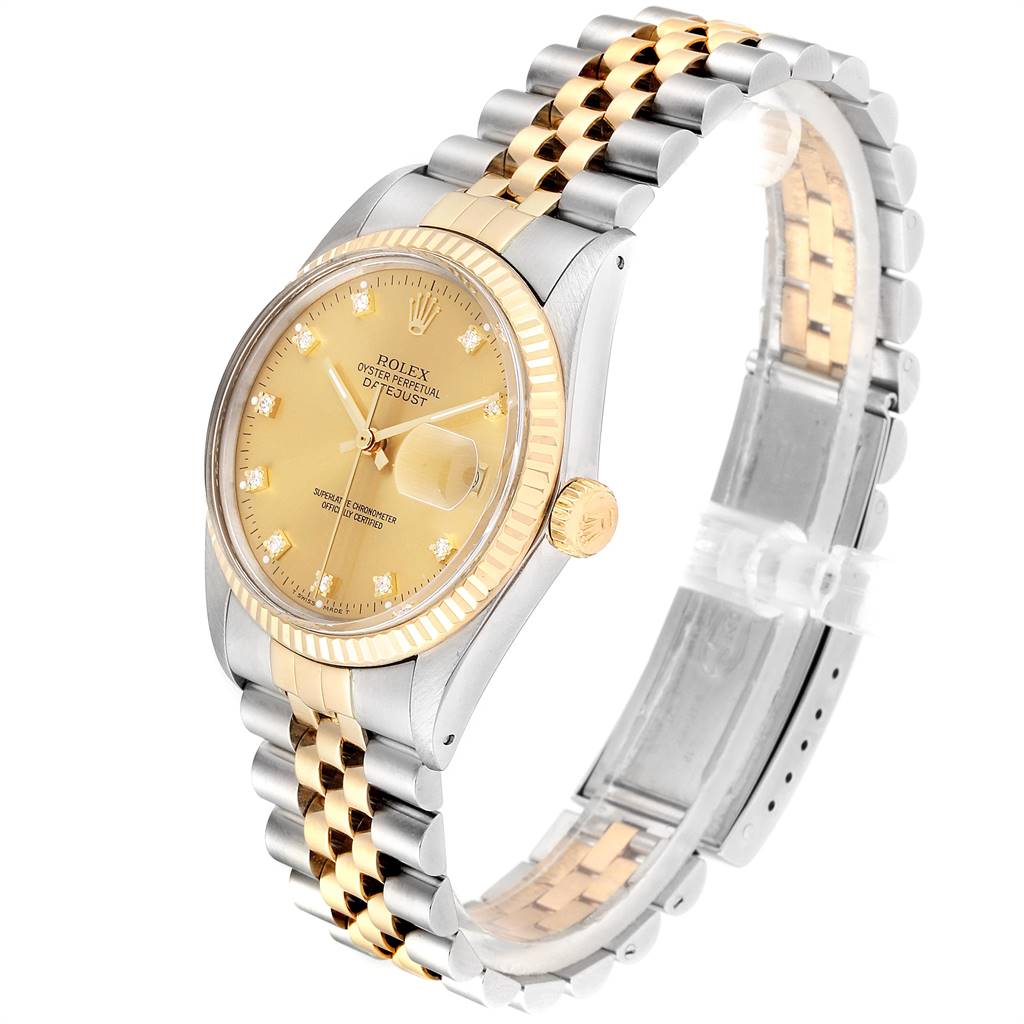 The image shows a side view of a Rolex Datejust 16013 Men's Stainless Steel Champagne Dial 16013 Men's Stainless Steel Champagne Dial watch, highlighting its gold dial, fluted bezel, and two-tone metal bracelet.