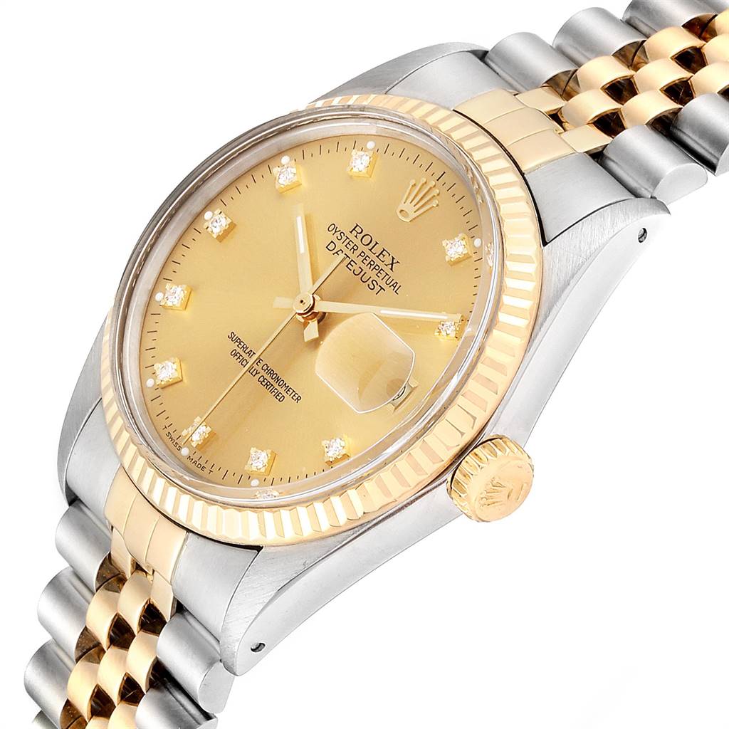 The image shows a Rolex Datejust 16013 Men's Stainless Steel Champagne Dial 16013 Men's Stainless Steel Champagne Dial watch from an angled side view, highlighting the face, crown, and half the bracelet.