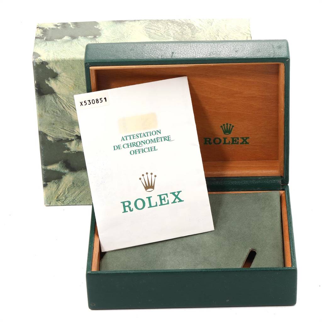 The image shows the open box and official chronometer certification for a Rolex Datejust 16233 Men's Steel and Gold (two tone) White Dial 16233 Men's Steel and Gold (two tone) White Dial watch.