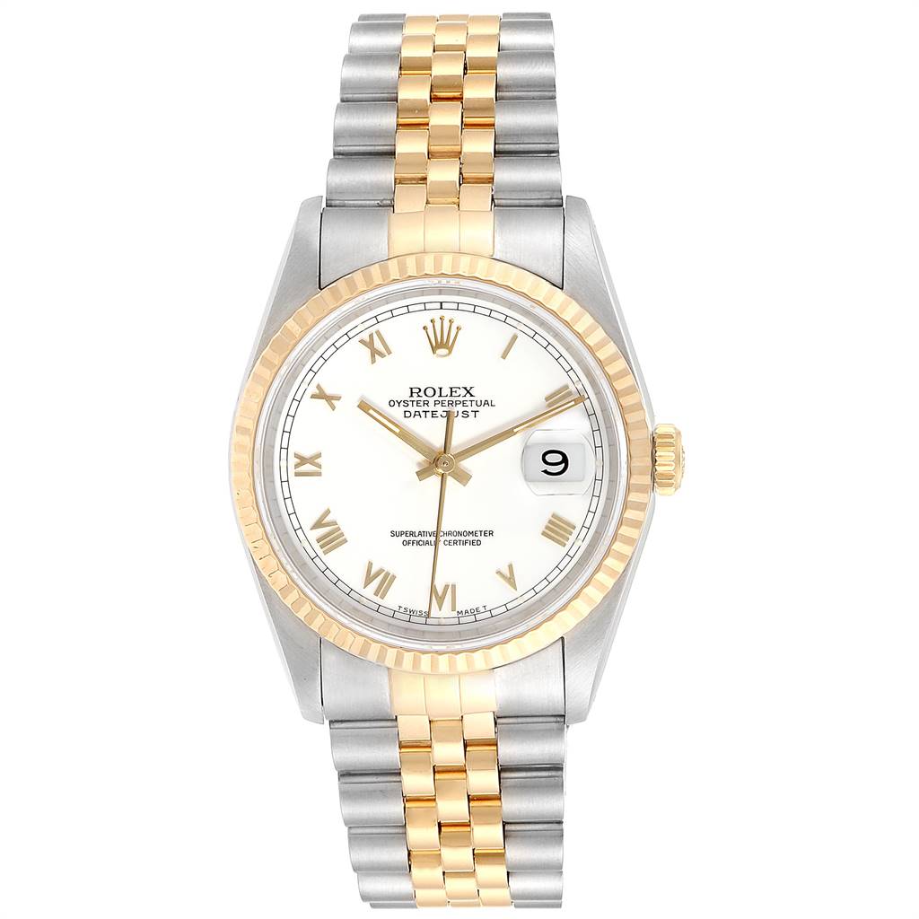 The image shows a front view of a Rolex Datejust 16233 Men's Steel and Gold (two tone) White Dial 16233 Men's Steel and Gold (two tone) White Dial watch with a jubilee bracelet and a fluted bezel.