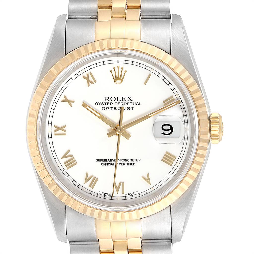 The Rolex Datejust 16233 Men's Steel and Gold (two tone) White Dial 16233 Men's Steel and Gold (two tone) White Dial watch is shown from a front view, emphasizing its dial, bezel, and bracelet.