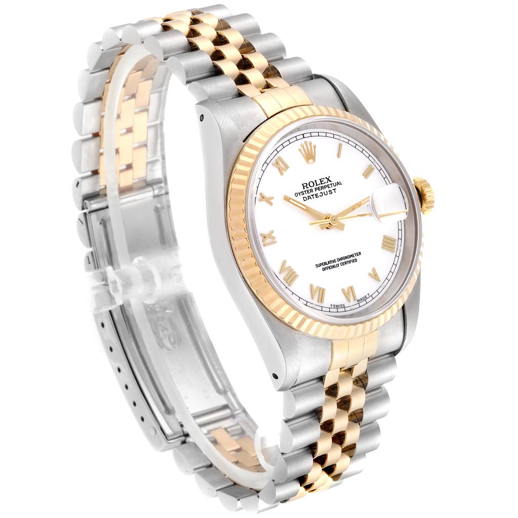 The Rolex Datejust 16233 Men's Steel and Gold (two tone) White Dial 16233 Men's Steel and Gold (two tone) White Dial watch is shown at an oblique angle, displaying its face, bezel, and two-tone jubilee bracelet.