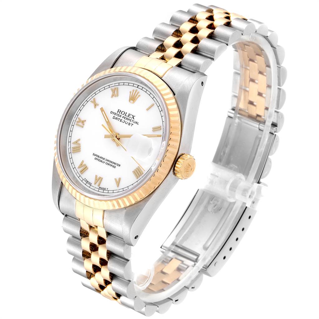 The Rolex Datejust 16233 Men's Steel and Gold (two tone) White Dial 16233 Men's Steel and Gold (two tone) White Dial watch is shown at an angle highlighting the watch face, bezel, crown, and Jubilee bracelet.