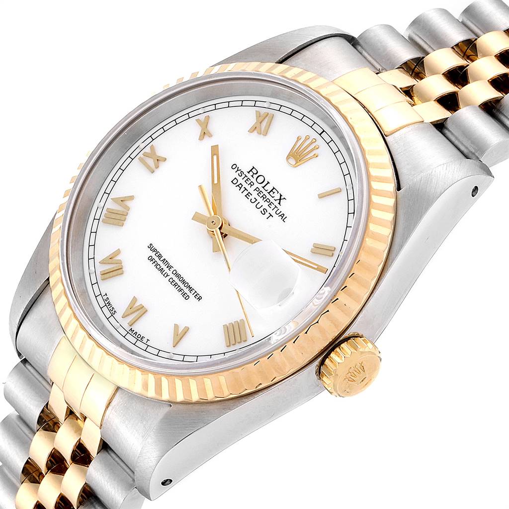 The Rolex Datejust 16233 Men's Steel and Gold (two tone) White Dial 16233 Men's Steel and Gold (two tone) White Dial watch is shown from an oblique angle, highlighting the face, bezel, crown, and part of the bracelet.