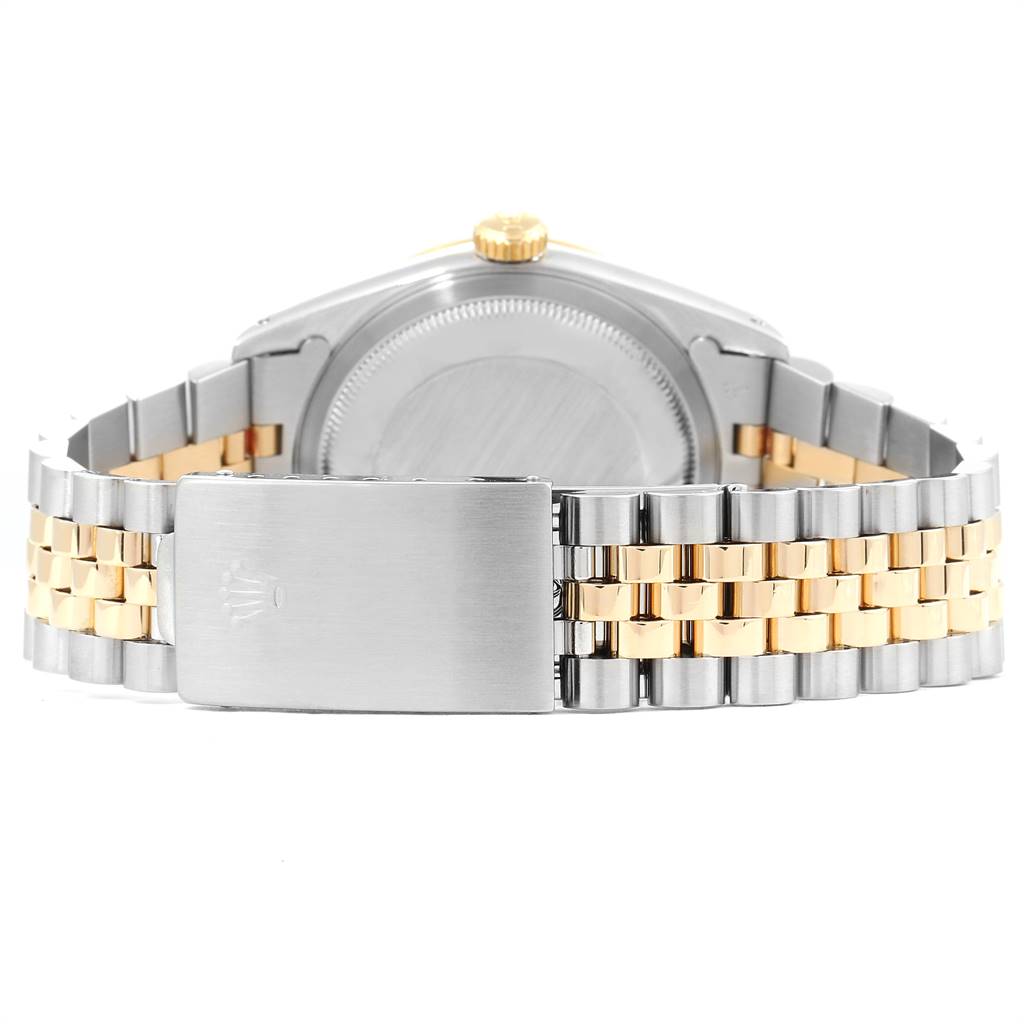 This image shows the back view of a Rolex Datejust 16233 Men's Steel and Gold (two tone) White Dial 16233 Men's Steel and Gold (two tone) White Dial watch, highlighting its silver and gold Jubilee bracelet and clasp.