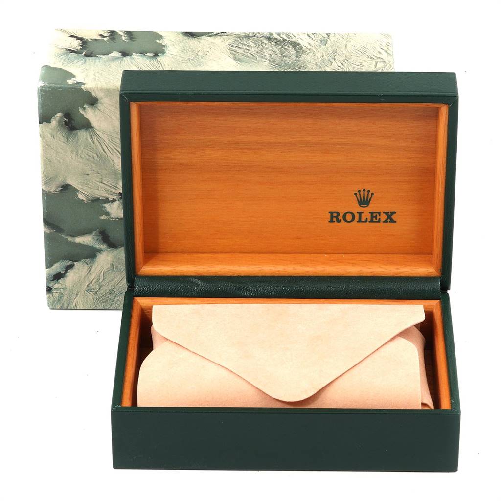 This image shows a Rolex Datejust 16233 Men's Steel and Gold (two tone) Black Dial 16233 Men's Steel and Gold (two tone) Black Dial model watch box, opened to reveal a light-colored envelope inside.