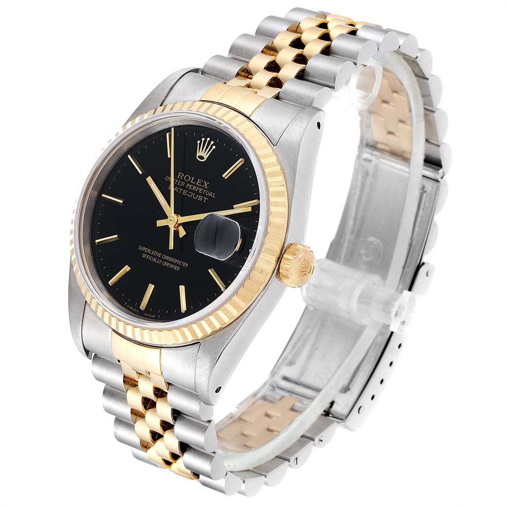 The image shows a Rolex Datejust 16233 Men's Steel and Gold (two tone) Black Dial 16233 Men's Steel and Gold (two tone) Black Dial watch, featuring the dial, bezel, crown, and bracelet in a side angle view.