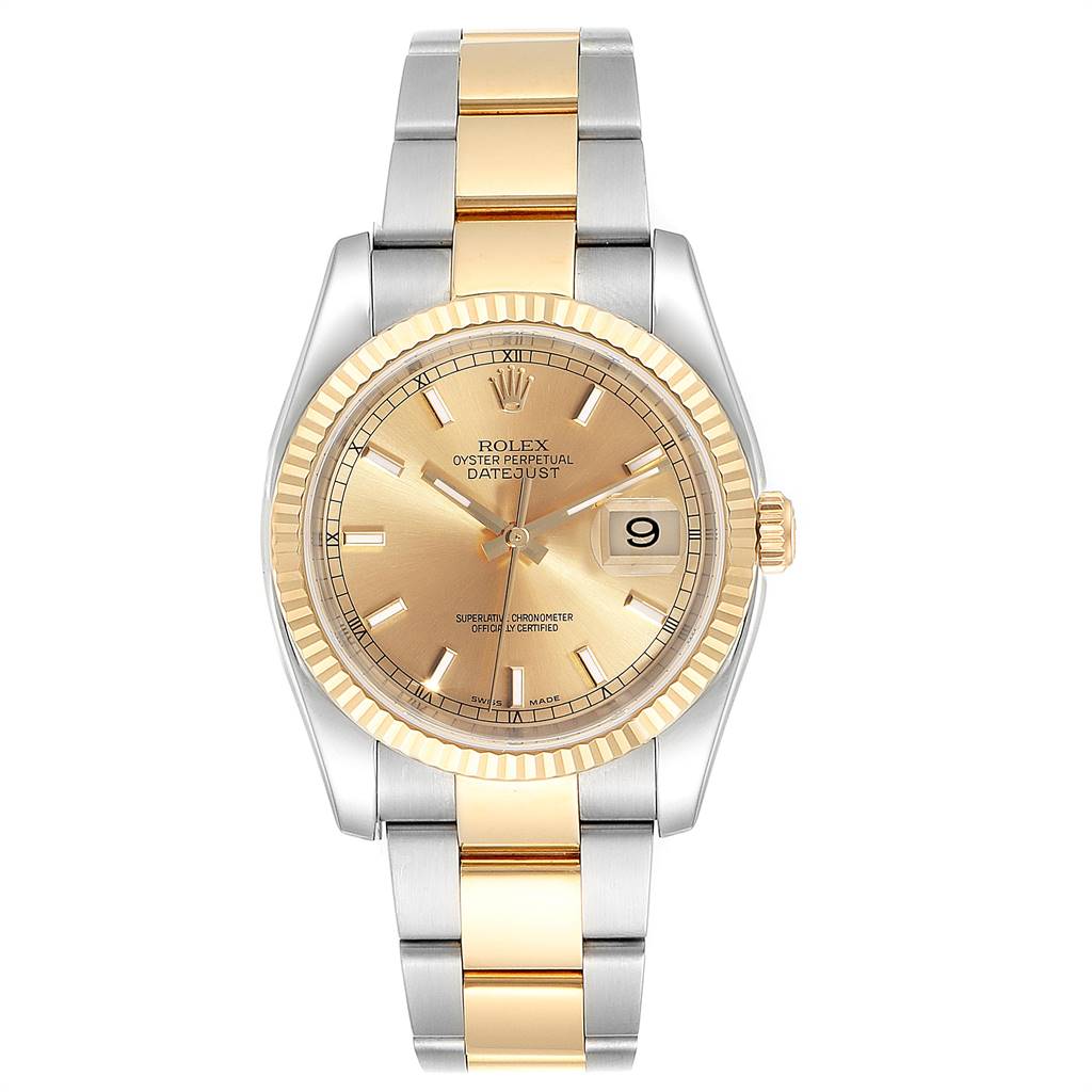 The image shows a front view of a Rolex Datejust 116233 Men's Stainless Steel Champagne Dial 116233 Men's Stainless Steel Champagne Dial watch, featuring a gold and silver bracelet, gold dial, fluted bezel, and date display.