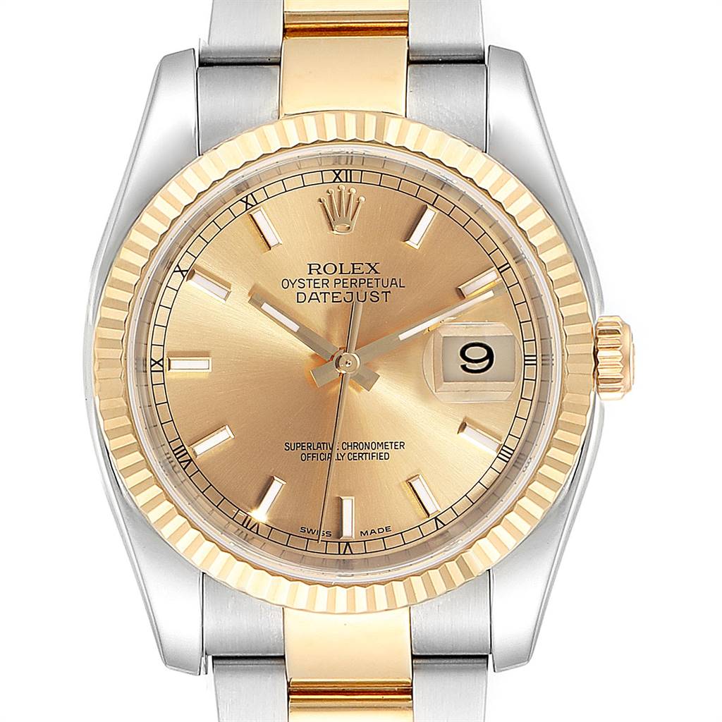 The Rolex Datejust 116233 Men's Stainless Steel Champagne Dial 116233 Men's Stainless Steel Champagne Dial watch is shown from a top-down angle, displaying its dial, bezel, and part of the bracelet.