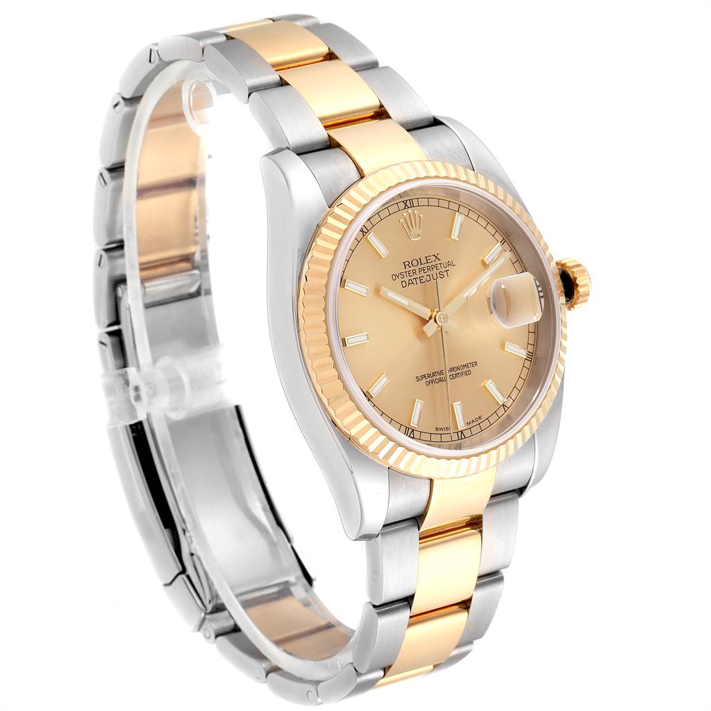 The image shows a Rolex Datejust 116233 Men's Stainless Steel Champagne Dial 116233 Men's Stainless Steel Champagne Dial watch from a front-side angle, highlighting the dial, bezel, and two-tone bracelet.