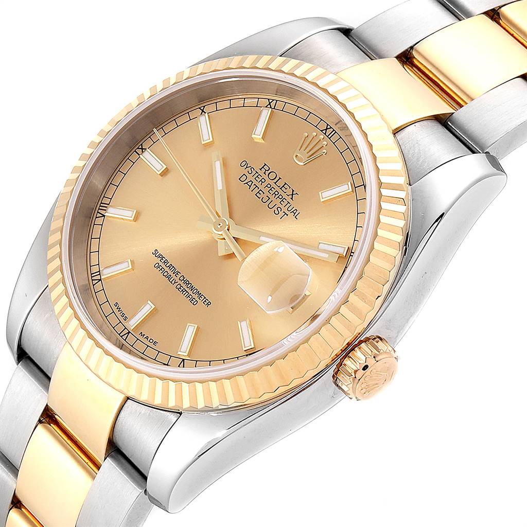 This image shows a close-up angle of the Rolex Datejust 116233 Men's Stainless Steel Champagne Dial 116233 Men's Stainless Steel Champagne Dial model, highlighting the dial, bezel, and part of the bracelet.