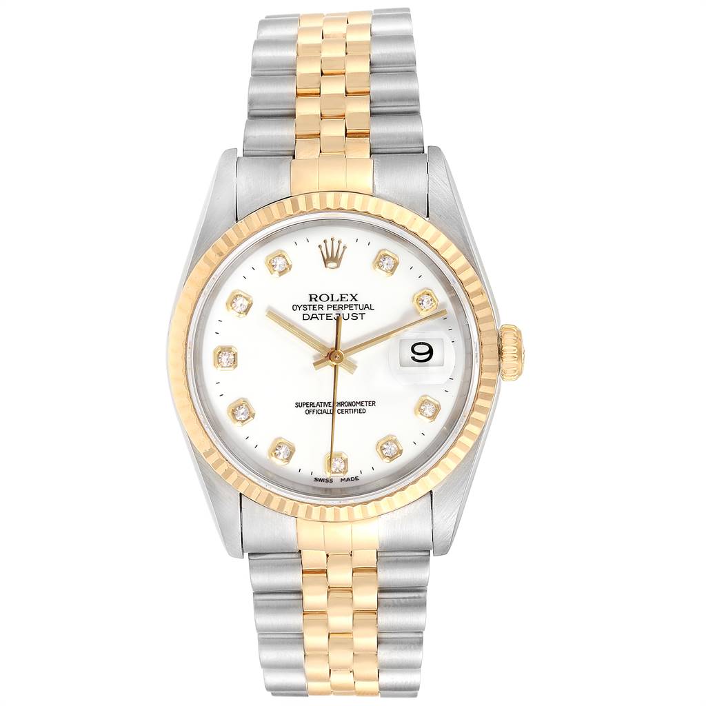 The image shows a frontal view of a Rolex Datejust 16233 Men's Steel and Gold (two tone) White Dial 16233 Men's Steel and Gold (two tone) White Dial watch, displaying the dial, bezel, crown, and part of the bracelet.