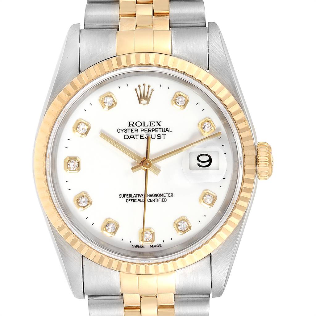 Rolex Datejust 36 Steel Yellow Gold White Diamond Dial Mens Watch 16233 ...