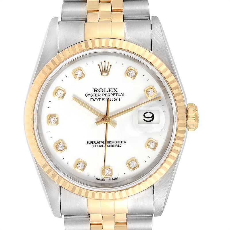 Rolex Datejust 36 Steel Yellow Gold White Diamond Dial Mens Watch 16233 SwissWatchExpo