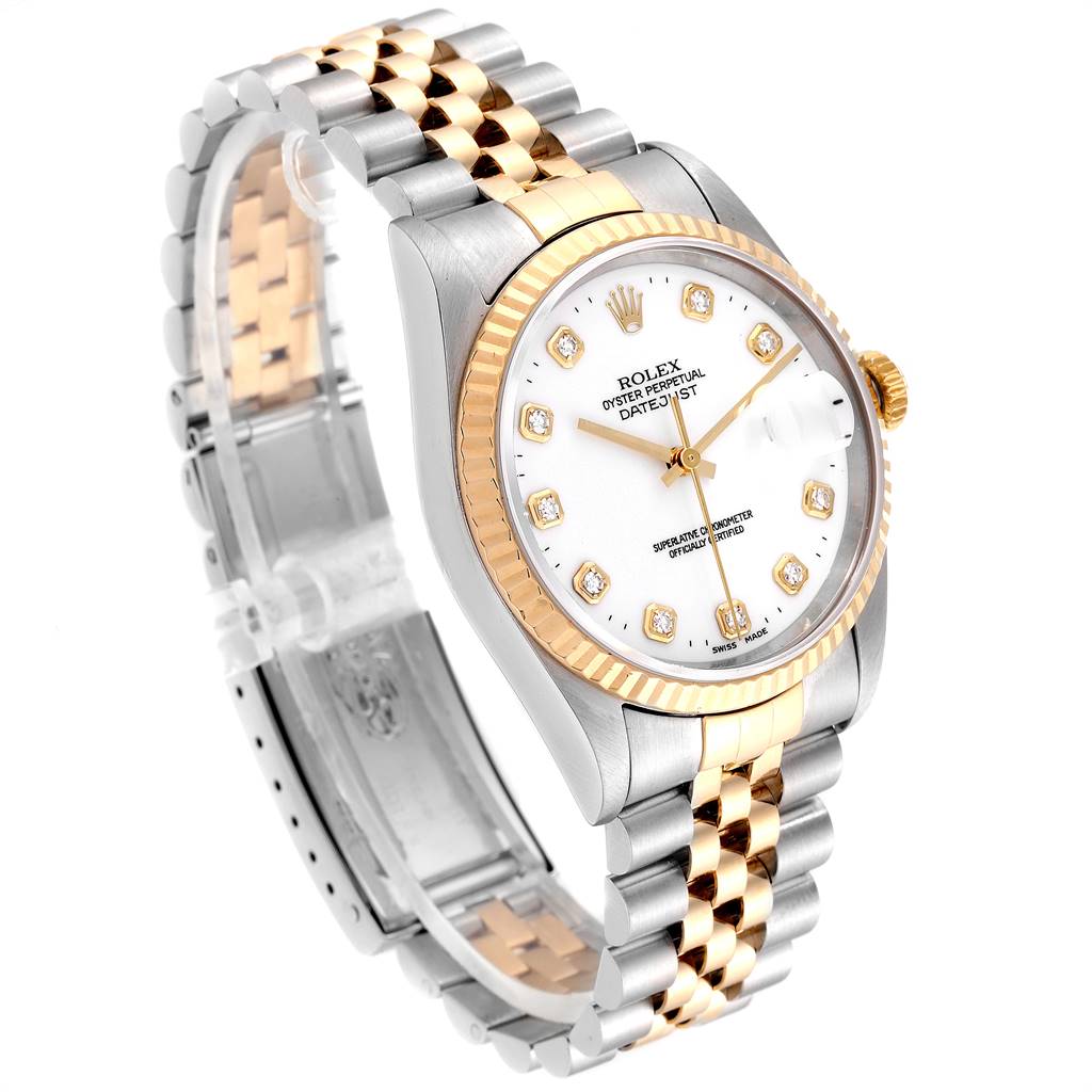 This Rolex Datejust 16233 Men's Steel and Gold (two tone) White Dial 16233 Men's Steel and Gold (two tone) White Dial watch is shown at a slight angle, highlighting the face, bezel, and bracelet.