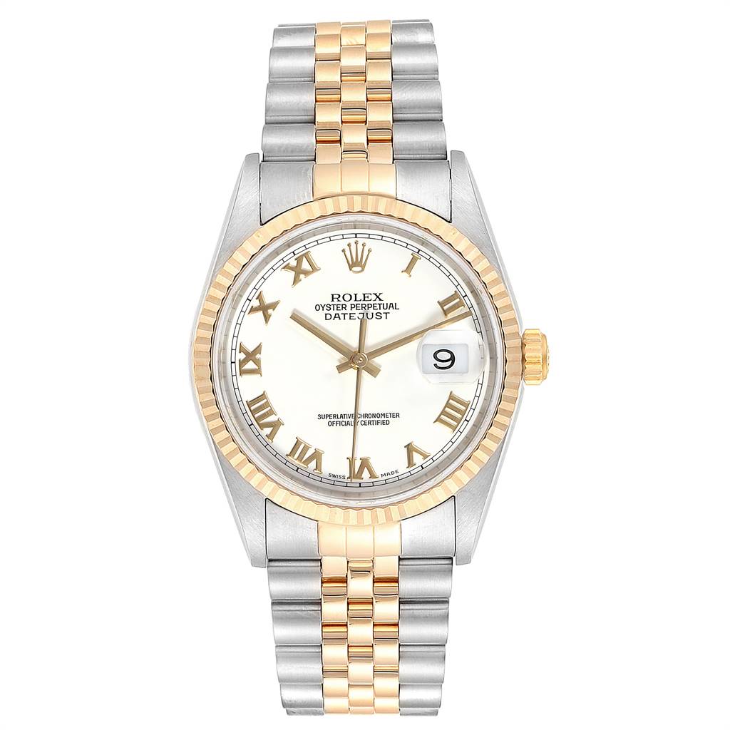 This image shows a frontal view of a Rolex Datejust 16233 Men's Steel and Gold (two tone) White Dial 16233 Men's Steel and Gold (two tone) White Dial watch, highlighting its dial, bezel, and Jubilee bracelet.