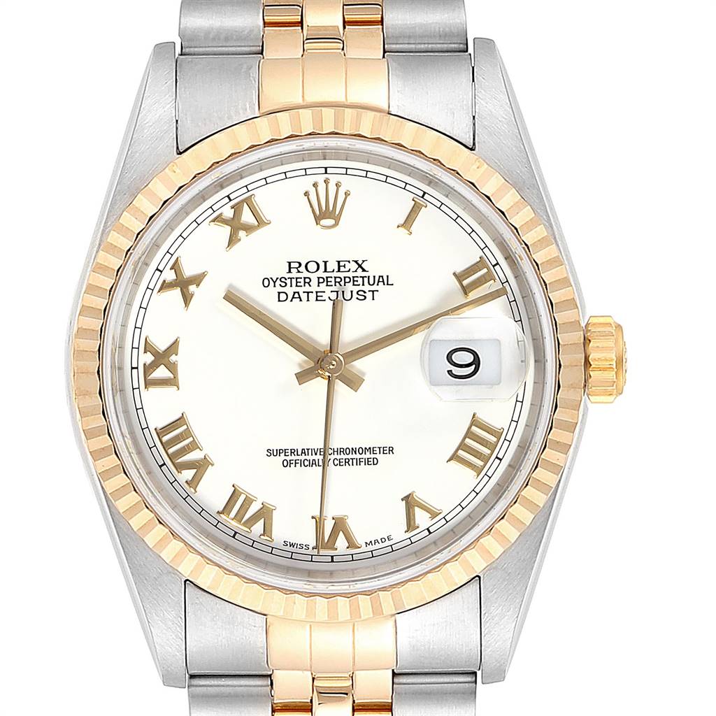 This image shows the front view of a Rolex Datejust 16233 Men's Steel and Gold (two tone) White Dial 16233 Men's Steel and Gold (two tone) White Dial watch, highlighting its dial, bezel, hands, and part of the bracelet.