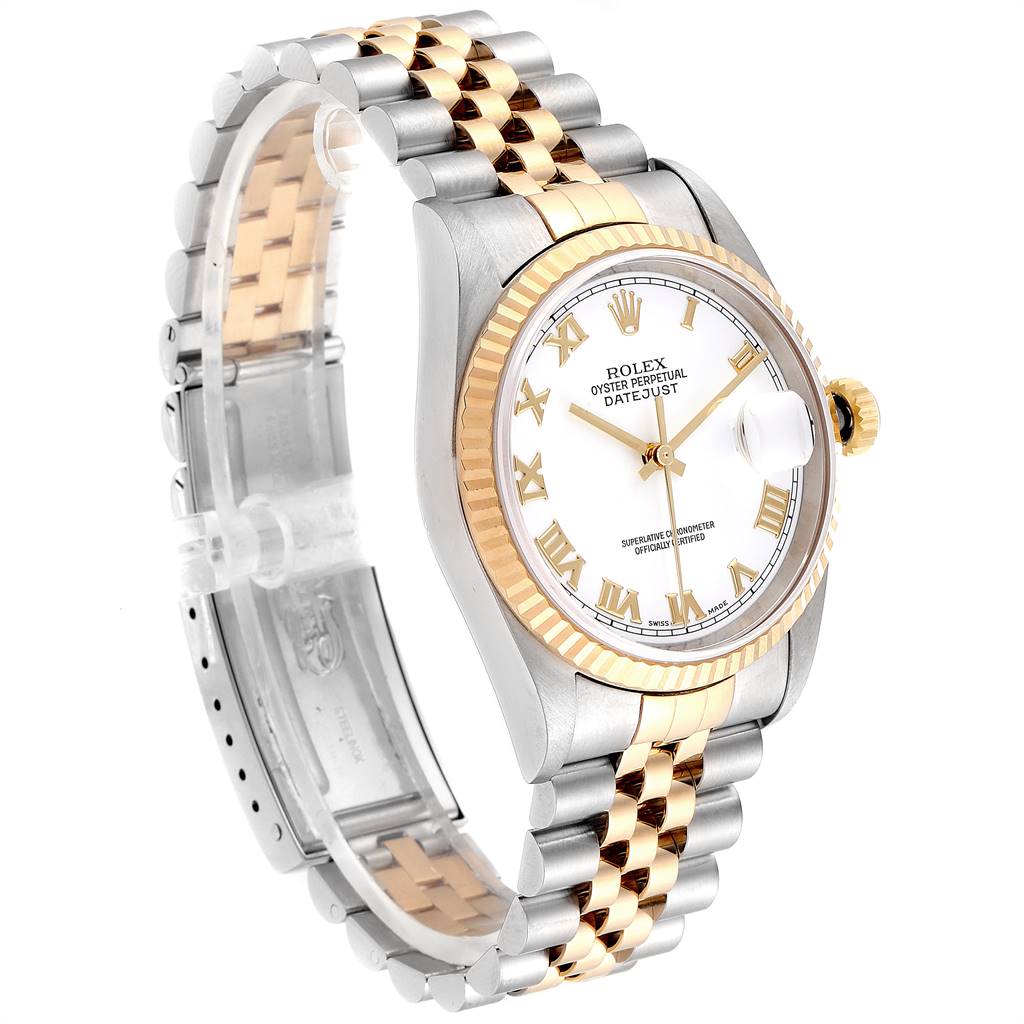 The image shows a Rolex Datejust 16233 Men's Steel and Gold (two tone) White Dial 16233 Men's Steel and Gold (two tone) White Dial watch at a three-quarter angle, highlighting its gold and silver bracelet, white dial, and fluted bezel.