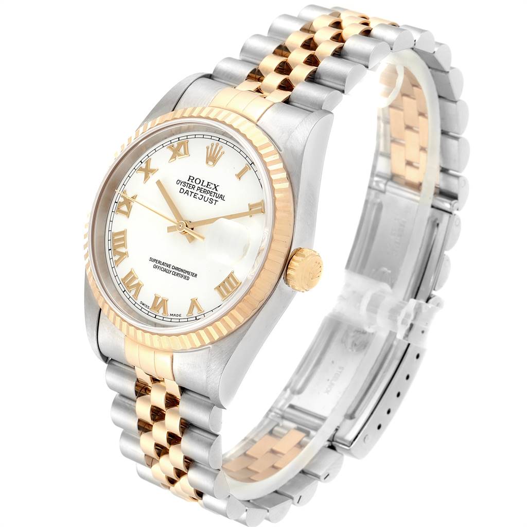 The Rolex Datejust 16233 Men's Steel and Gold (two tone) White Dial 16233 Men's Steel and Gold (two tone) White Dial is shown from a three-quarter angle, displaying the dial, bezel, bracelet, and crown.