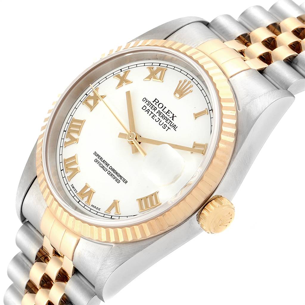 The image shows a close-up angled view of a Rolex Datejust 16233 Men's Steel and Gold (two tone) White Dial 16233 Men's Steel and Gold (two tone) White Dial watch, highlighting the dial, bezel, and two-tone bracelet.