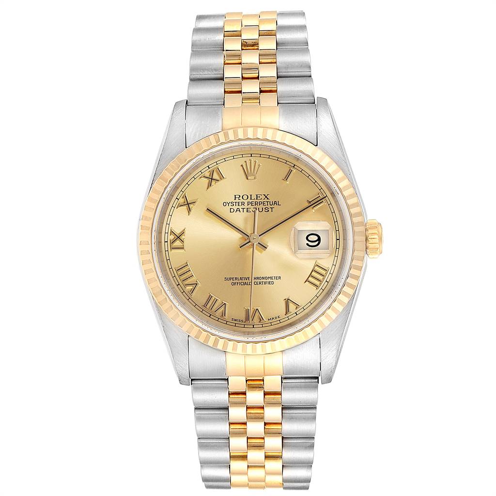 The image shows a Rolex Datejust 16233 Men
s Steel and Gold (two tone) Champagne Dial 16233 Men
s Steel and Gold (two tone) Champagne Dial model from a front angle, highlighting the dial, bezel, and two-tone bracelet.