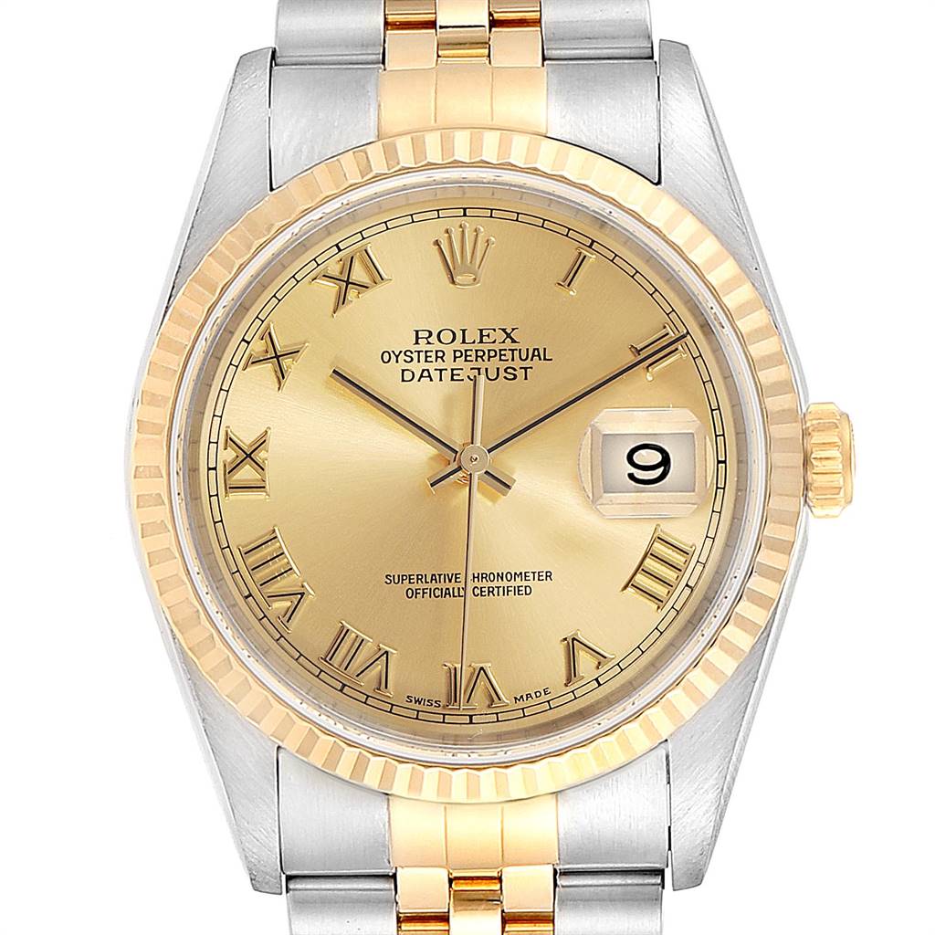This image shows a frontal view of a Rolex Datejust 16233 Men
s Steel and Gold (two tone) Champagne Dial 16233 Men
s Steel and Gold (two tone) Champagne Dial watch, highlighting its gold dial, fluted bezel, and two-tone bracelet.