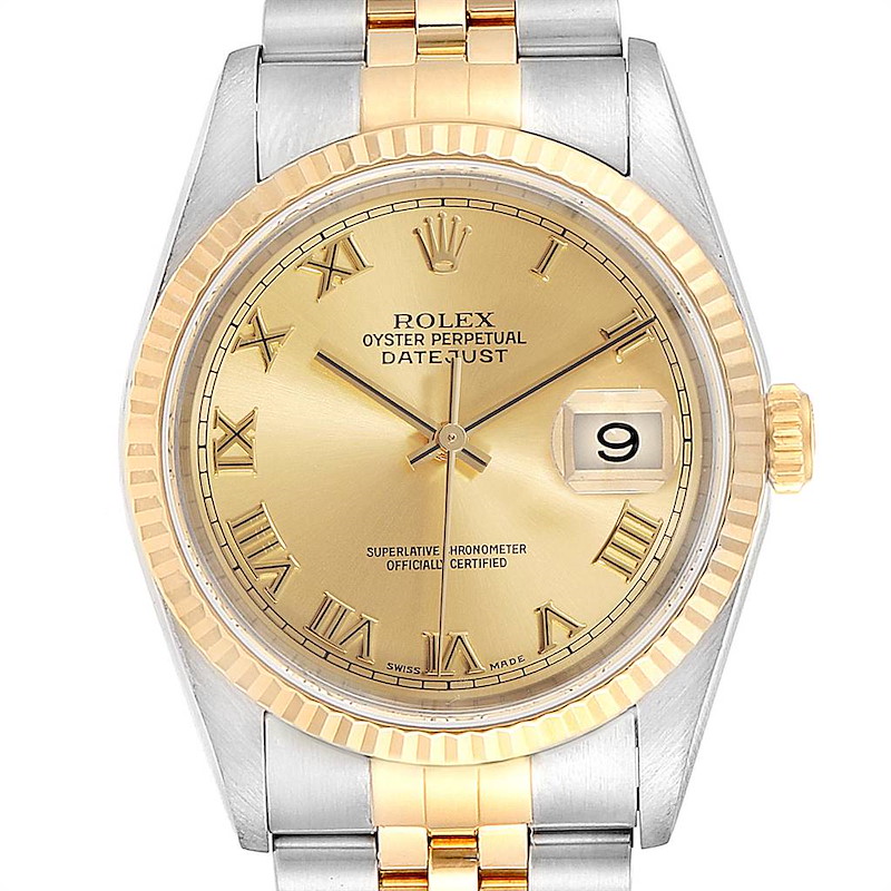 Rolex Datejust 36mm Steel Yellow Gold Roman Dial Mens Watch 16233 SwissWatchExpo