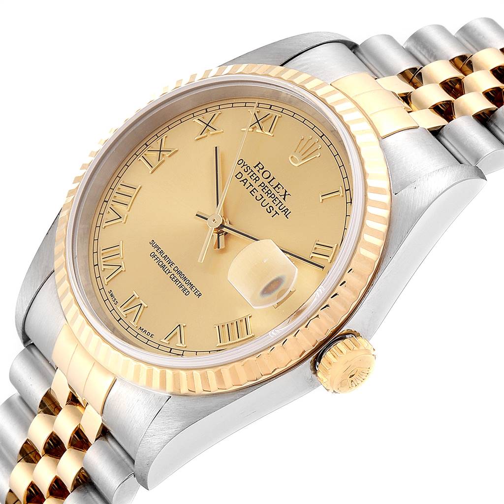 The image shows a Rolex Datejust 16233 Men
s Steel and Gold (two tone) Champagne Dial 16233 Men
s Steel and Gold (two tone) Champagne Dial watch at an angled view, highlighting its dial, bezel, crown, and partial bracelet.