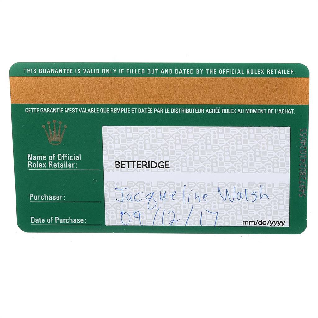 This image shows an official Rolex guarantee card for a Datejust model watch.