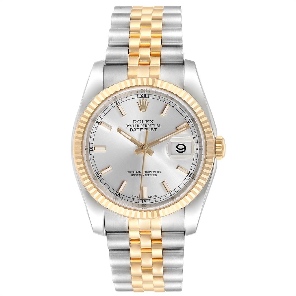 The image shows a front view of the Rolex Datejust 116233 Men's Stainless Steel Silver Dial 116233 Men's Stainless Steel Silver Dial watch, highlighting its two-tone bracelet, silver dial, and fluted bezel.